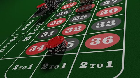 Bet and probability concept. Timelapse of roulette table with  casino coins or chips stacking on it, losing and winning. View 2. 3D Rendering.