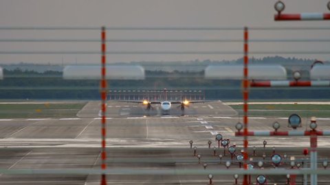DUSSELDORF, GERMANY - JULY 23, 2017: AirBerlin Bombardier Dash 8 take-off. Slow motion. Dusseldorf Airport Germany