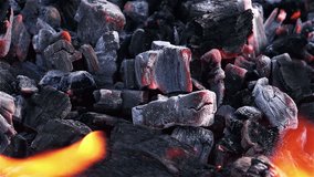 Close-up View of Hot Red Charcoal with Fire. Full HD 1920x1080 Video Clip