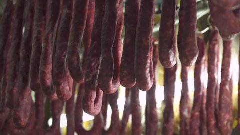 Smoked, dried sausages hanging at butcher meat market at Mercado Municipal Paulistano  Sao Paulo, Brazil. 