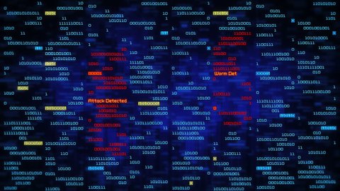 Binary data code animation showing warning messages in a virtual environment. Security breach concept, warning texts in a virtual environment.  System hacked. Virus and malware detected. Frontal-blue.