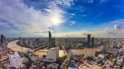 Aerial Bangkok Citysacpe And Chao Phraya River Of Bangkok, Thailand 4K Time Lapse (pan down)