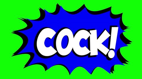 A comic strip speech bubble cartoon animation, with the words Cock Wank. White text, blue shape, green background.

