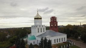 4K high quality aerial video footage of historical Christ The Saviour cathedral in center of historical town Alexandrov in Vladimir oblast on Golden Ring route, eastern Russia, 180 km from Moscow