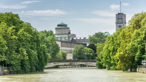 Ludwig bridge over the Isar river in Munich, Germany. Deutsches Museum is in the background.