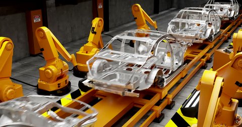 Moving transporter of conveyor belt with frameworks of unfinished cars and robots welders
