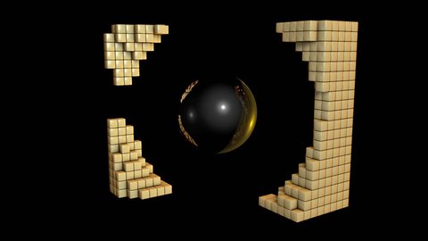 Reflective Black Sphere Surrounded by a Field of Animated Cubic Pixels