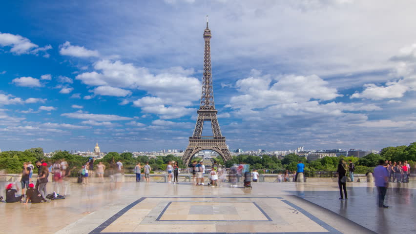 Famous square Trocadero with Eiffel tower in the background timelapse hyperlapse. Trocadero and Eiffel tower are the most visited attractions of Paris. Blue cloudy sky at summer day | Shutterstock HD Video #31227748
