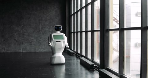 Futuristic humanoid robot Stylish robotic character slightly moving. Modern Robotic Technologies. The robot shows emotions
