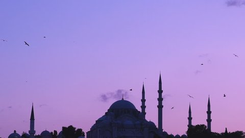 Slowmotion view of Suleymaniye mosque with seagulls flying around on sunset from Bosphorus in Istanbul Turkey