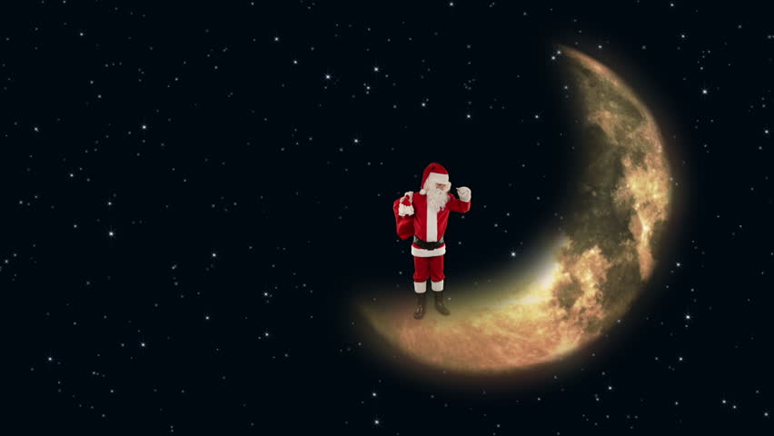 Santa Claus on Moon waiting for Reindeers with twinkling stars