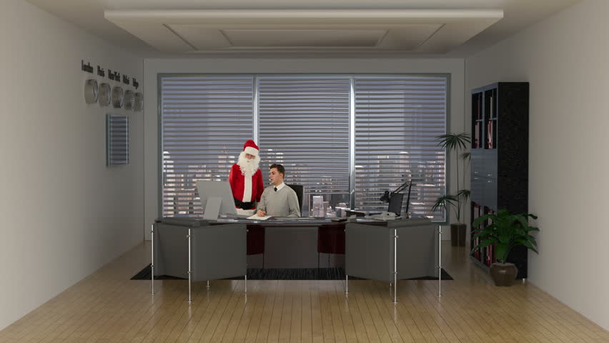 Santa Claus collaborating with a successful young Businessman