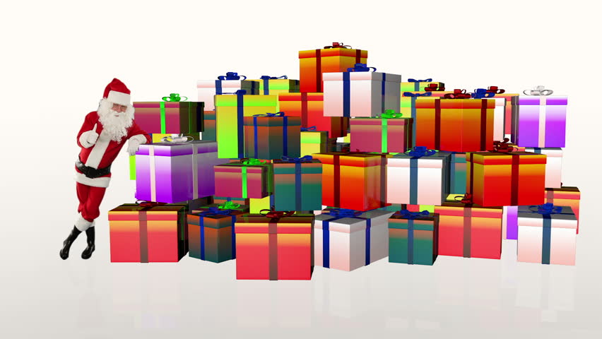 Santa Claus magically piling up gift boxes, against white
