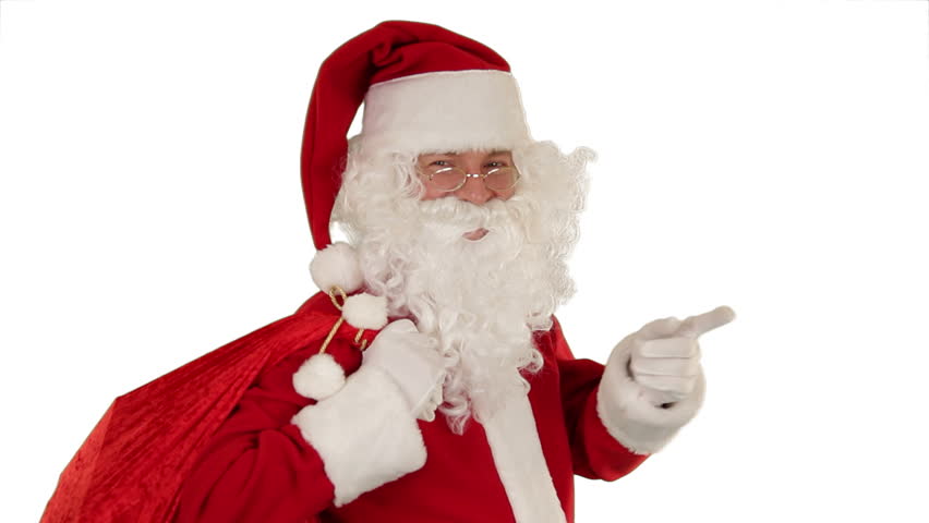 Santa Claus carrying his bag, looks at the camera sends a kiss and wave, white