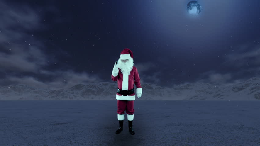 Santa Claus in the middle of nowhere trying to get signal on mobile