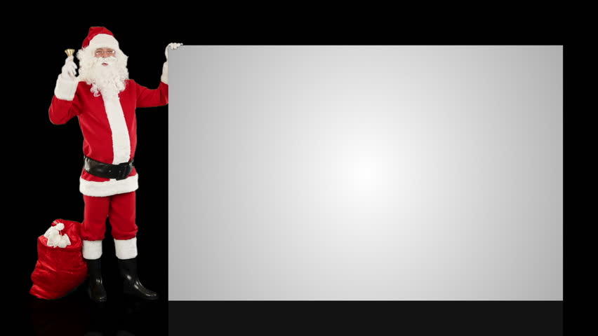 Santa Claus shaking bell presenting a white sheet, against black