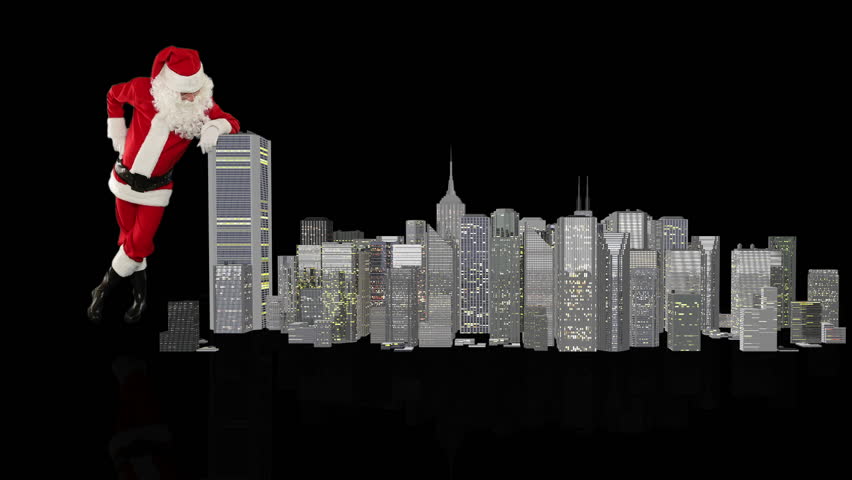 Santa Claus magically building a modern city, against black