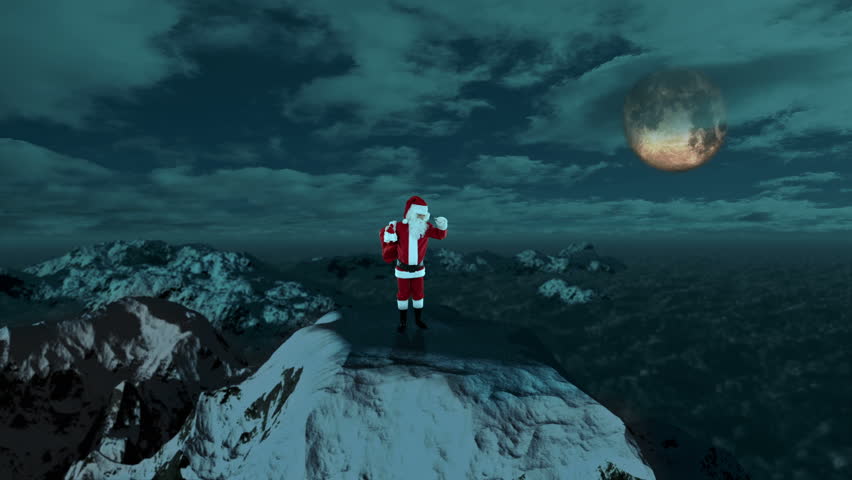 Santa Claus on Top of the Mountain looking for the Reindeers
