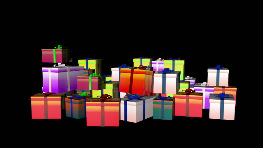 Magically piling up gift boxes, against black