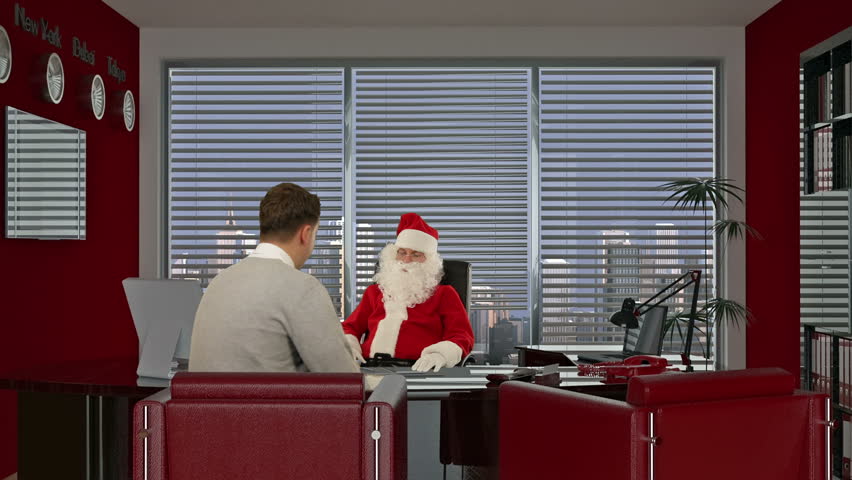 Santa Claus is signing a contract with a Young Businessman