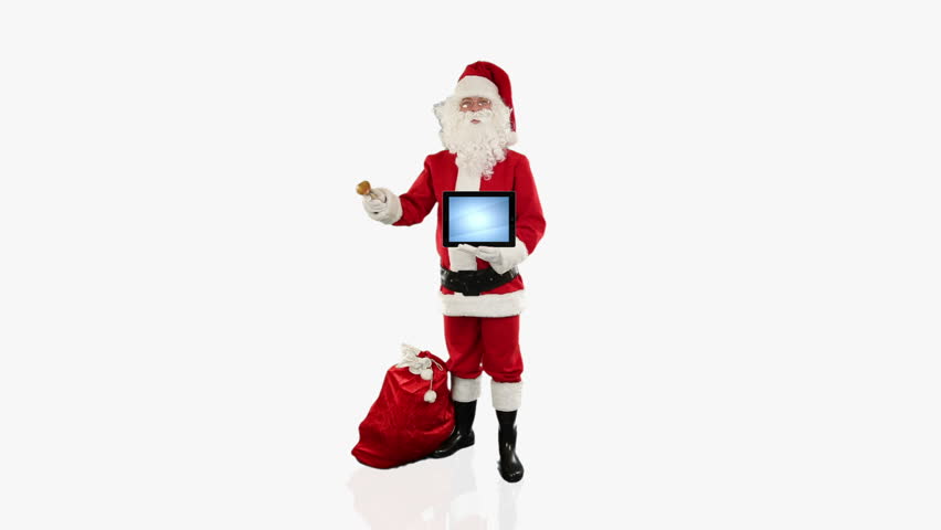 Santa Claus presenting a blank tablet, against white