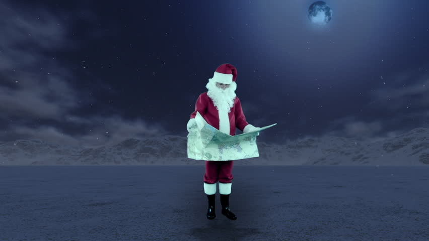 Santa Claus in the middle of nowhere trying to find his way on a map