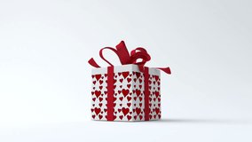 White gift box with red hearts opening. Include alpha channel and color channel to key individual elements and tracking