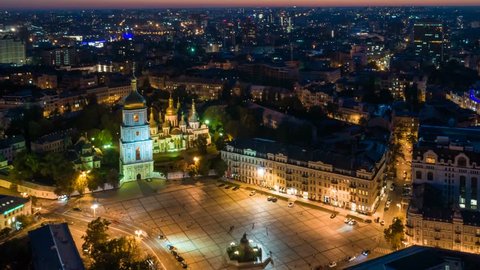 Kiev (Kyiv), Ukraine.  Aerial timelapse of Sofievskaya Square at night. Kiev city center. 4K