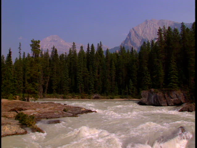 Tilt down from wide shot and zoom into the turbulent of Kicking Horse River in
