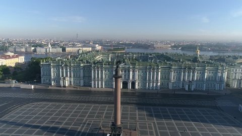 Aerial video of the Palace Square, the Alexander Column and the Hermitage museum in Saint Petersburg, Russia.