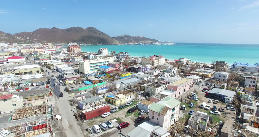 Aerial view of Philipsburg, St.Maarten after getting hit by Hurricane Irma, A category 5 hurricane that caused devastating damages to the island and other Caribbean islands.  