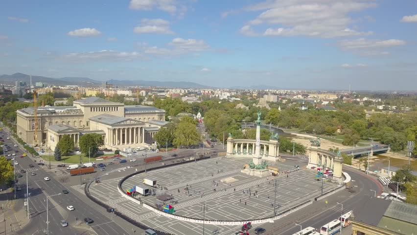 Aerial video shows the Heroes Square in downtown Budapest, Hungary - 4K drone footage. Aerial view