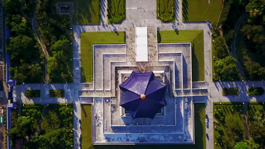 Aerial footage of Chang Kai-Shek Memorial Hall in Taipei City