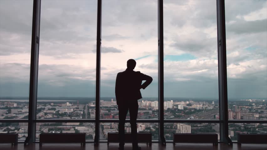 Rear view of businessman in an office with panoramic city view. Businessman admires the city from the panoramic Windows in the city centre | Shutterstock HD Video #31276603