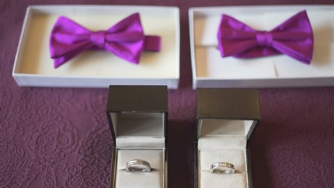 Slow dolly in shot of a couple of purple bow tie with two wedding rings of two homosexual men for the gay wedding ceremony.: film stockowy