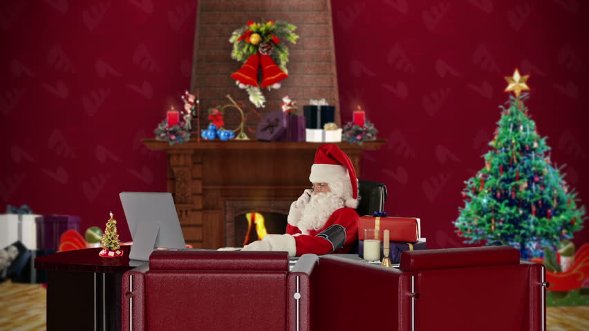 Santa Claus checking blood pressure and talking on mobile to his doctor, office