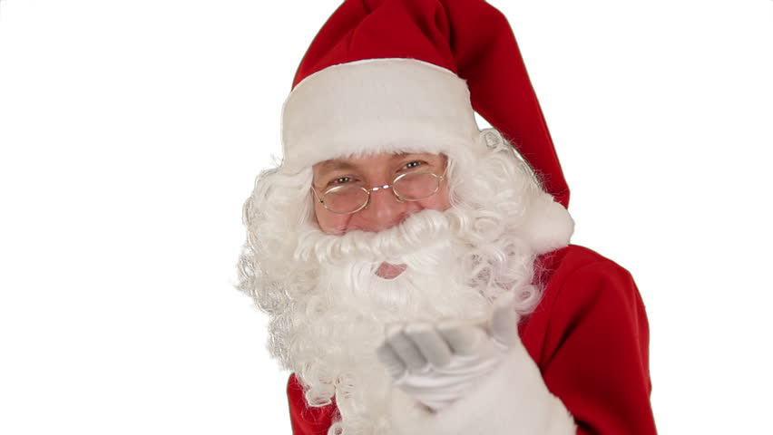 Santa Claus Presenting a Tablet then sending a Kiss and saying Bye Bye, against