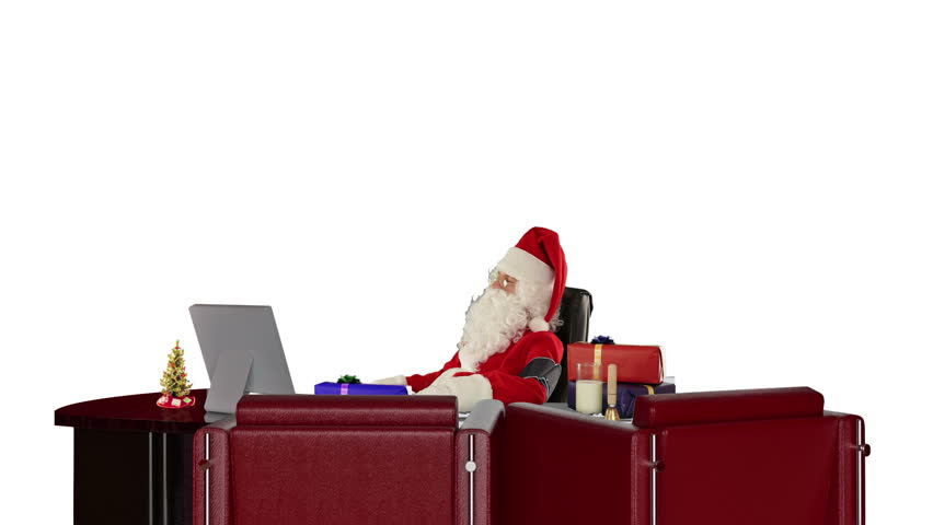 Santa Claus at work checking blood pressure, against white