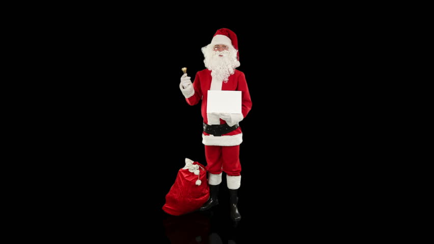 Santa Claus presenting a white sheet, against black