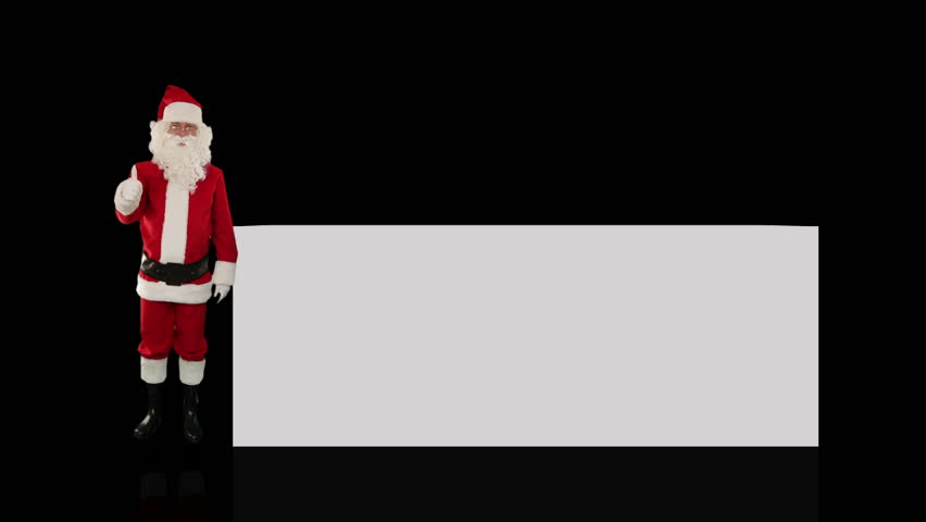 Santa Claus pointing to a white board, against black