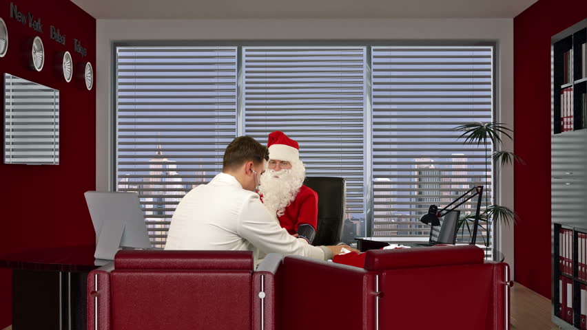 Santa Claus is strong and healthy, Doctor measuring blood pressure