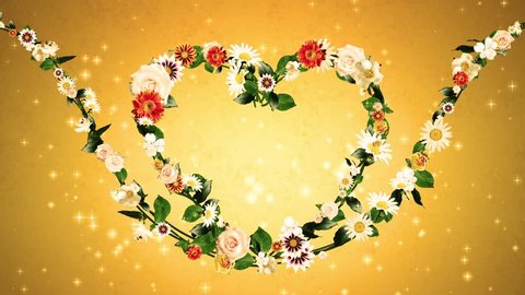 flower wreath ,heart shaped , gold background 