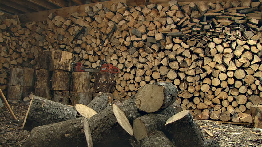Man Splitting Firewood in Woodshed Timelapse