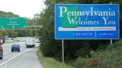 Welcome to Pennsylvania Sign on Interstate 95 at Delaware Pennsylvania Border