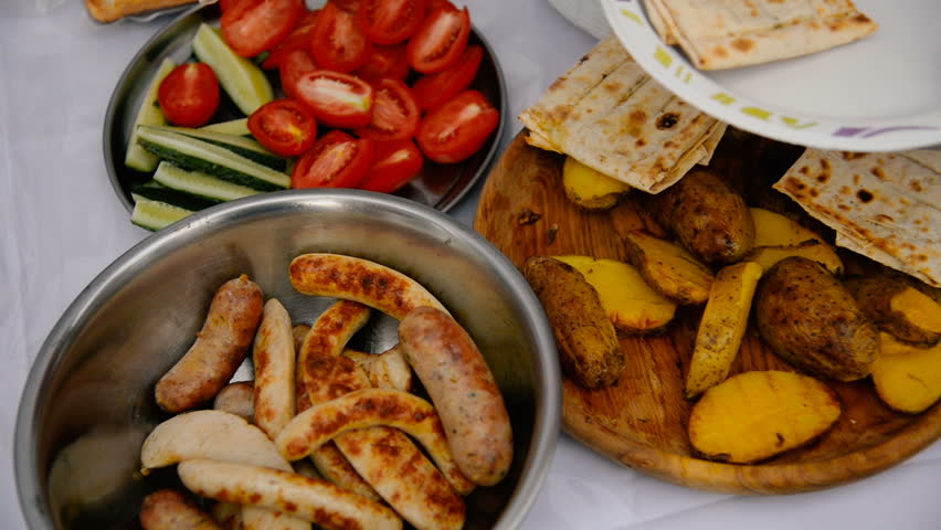 Food. Fried potatoes and sausages