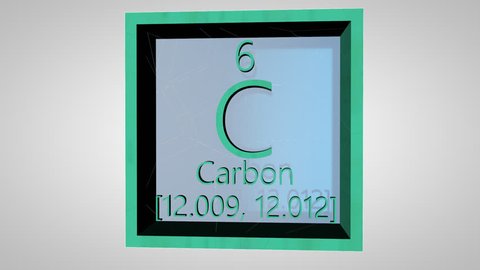 Carbon. Element of the periodic table of the Mendeleev system. IUPAC version is dated 28 November 2016. Standard atomic weight. 3D animation alpha PNG. 60 fps.