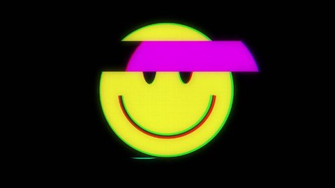 Smile hud holographic symbol on digital old tv screen seamless loop glitch interference animation new dynamic retro joyful colorful retro vintage video footage