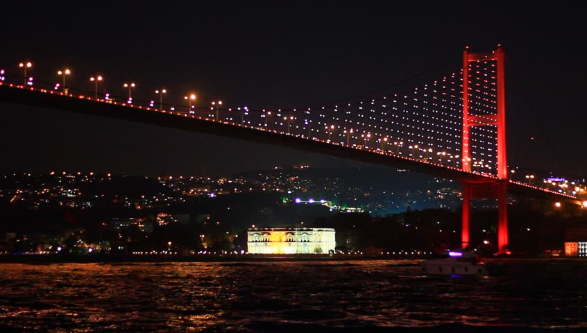 Bosphorus Bridge nightly light show in Istanbul, Turkey.