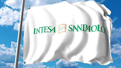 Waving flag with Intesa Sanpaolo logo against clouds and sky. 4K editorial animation