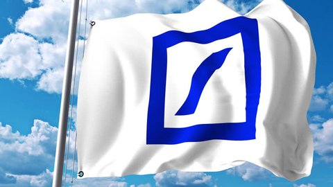 Waving flag with Deutsche Bank logo against clouds and sky. 4K editorial animation